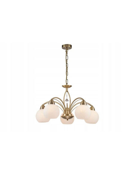 Elegancki żyrandol Vanity z 5 białymi kloszami w złotym wykończeniu do nowoczesnych i klasycznych wnętrz