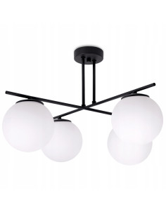 Nowoczesna lampa sufitowa FLORENCE z czarną metalową ramą i czterema białymi kloszami do stylowych wnętrz