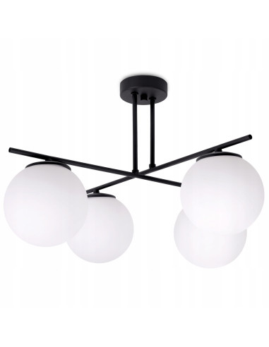 Nowoczesna lampa sufitowa FLORENCE z czarną metalową ramą i czterema białymi kloszami do stylowych wnętrz