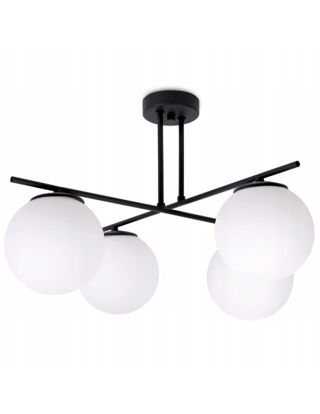 Nowoczesna lampa sufitowa FLORENCE z czarną metalową ramą i czterema białymi kloszami do stylowych wnętrz