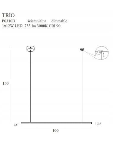 Lampa wisząca TRIO LED 150 cm - elegancka, ściemnialna, czarna, nowoczesny design do biura i jadalni