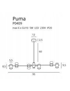 Lampa sufitowa Puma z sześcioma reflektorami w metalicznym złocie - nowoczesny design do jadalni i biura 2