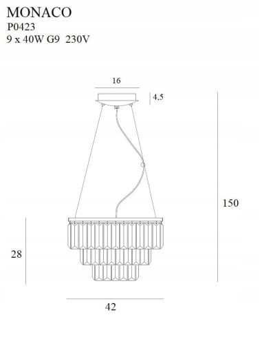 Żyrandol Monaco z kryształami, srebrny, 9 punktów świetlnych, nowoczesny design do eleganckich wnętrz, 150 cm wysokości