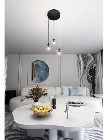Nowoczesna lampa wisząca COSMO 3 z regulacją wysokości, przezroczyste klosze, elegancki design do biura i salonu.