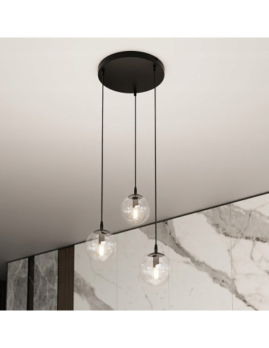 Nowoczesna lampa wisząca COSMO 3 z regulacją wysokości, przezroczyste klosze, elegancki design do biura i salonu.