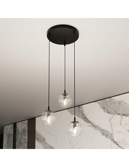 Nowoczesna lampa wisząca COSMO 3 z regulacją wysokości, przezroczyste klosze, elegancki design do biura i salonu.