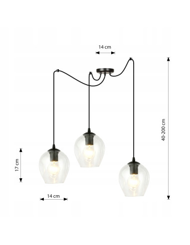 Lampa Wisząca LEVEL 3 E27 z Szklanymi Kloszami i Regulowanymi Przewodami w Kolorze Czarnym/Bezbarwnym