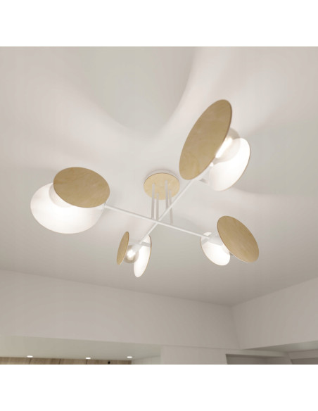 Lampa sufitowa ZITA - nowoczesna, biała/beżowa z drewnianymi detalami, 4-punkty E27, minimalistyczny design.