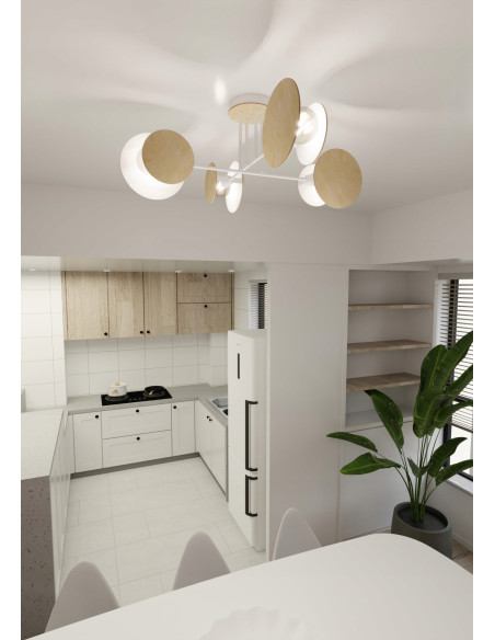 Lampa sufitowa ZITA - nowoczesna, biała/beżowa z drewnianymi detalami, 4-punkty E27, minimalistyczny design.