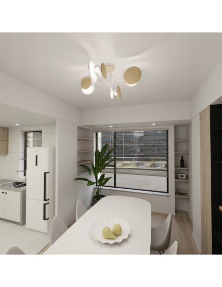 Lampa sufitowa ZITA - nowoczesna, biała/beżowa z drewnianymi detalami, 4-punkty E27, minimalistyczny design.