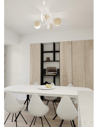 Lampa sufitowa ZITA - nowoczesna, biała/beżowa z drewnianymi detalami, 4-punkty E27, minimalistyczny design.