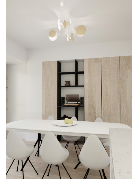 Lampa sufitowa ZITA - nowoczesna, biała/beżowa z drewnianymi detalami, 4-punkty E27, minimalistyczny design.