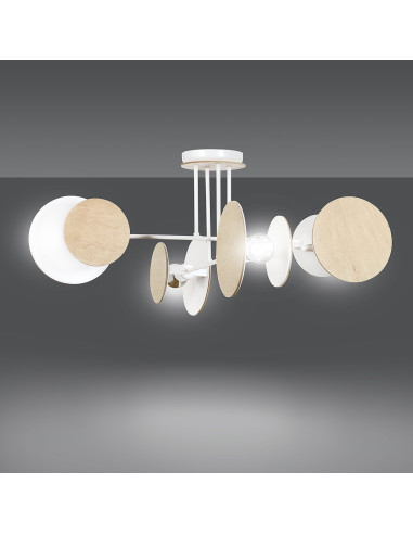 Lampa sufitowa ZITA - nowoczesna, biała/beżowa z drewnianymi detalami, 4-punkty E27, minimalistyczny design.
