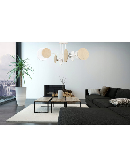 Lampa sufitowa ZITA - nowoczesna, biała/beżowa z drewnianymi detalami, 4-punkty E27, minimalistyczny design.