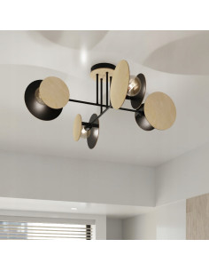Lampa sufitowa ZITA z drewna i czerni, 4-punktowe E27, idealna do nowoczesnych wnętrz. 2