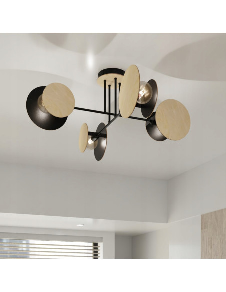 Lampa sufitowa ZITA z drewna i czerni, 4-punktowe E27, idealna do nowoczesnych wnętrz.