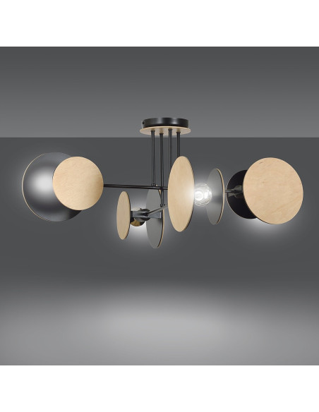 Lampa sufitowa ZITA z drewna i czerni, 4-punktowe E27, idealna do nowoczesnych wnętrz.