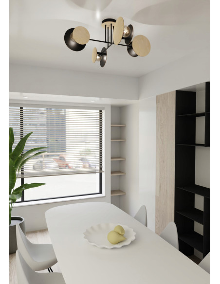 Lampa sufitowa ZITA z drewna i czerni, 4-punktowe E27, idealna do nowoczesnych wnętrz.