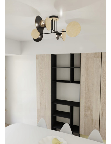 Lampa sufitowa ZITA z drewna i czerni, 4-punktowe E27, idealna do nowoczesnych wnętrz.