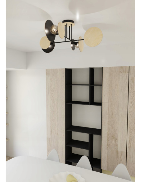 Lampa sufitowa ZITA z drewna i czerni, 4-punktowe E27, idealna do nowoczesnych wnętrz.