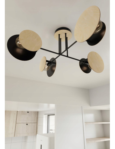Lampa sufitowa ZITA z drewna i czerni, 4-punktowe E27, idealna do nowoczesnych wnętrz.