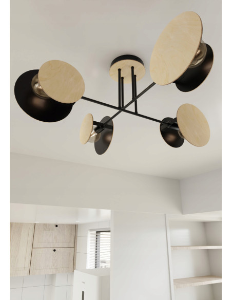 Lampa sufitowa ZITA z drewna i czerni, 4-punktowe E27, idealna do nowoczesnych wnętrz.