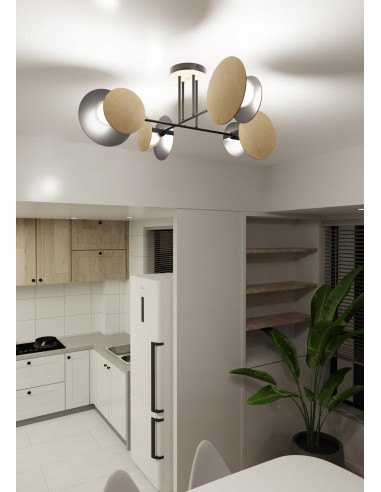 Lampa sufitowa ZITA z drewna i czerni, 4-punktowe E27, idealna do nowoczesnych wnętrz.