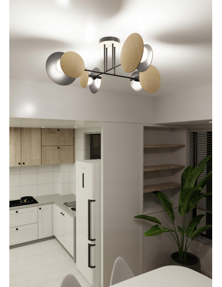 Lampa sufitowa ZITA z drewna i czerni, 4-punktowe E27, idealna do nowoczesnych wnętrz.