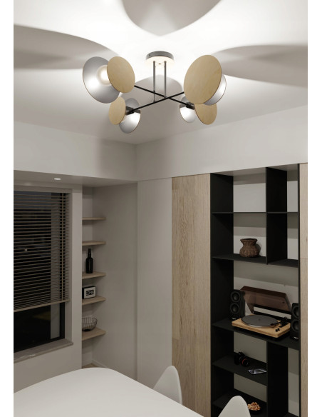 Lampa sufitowa ZITA z drewna i czerni, 4-punktowe E27, idealna do nowoczesnych wnętrz.