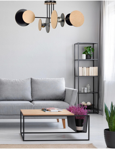 Lampa sufitowa ZITA z drewna i czerni, 4-punktowe E27, idealna do nowoczesnych wnętrz.