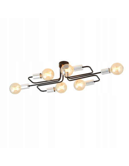 Plafon Industrialny VEKEN 6A 15W z Metalowymi Ramionami i Srebrnymi Akcentami, 6 Punktów Świetlnych, Czarny