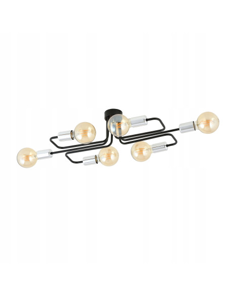 Plafon Industrialny VEKEN 6A 15W z Metalowymi Ramionami i Srebrnymi Akcentami, 6 Punktów Świetlnych, Czarny