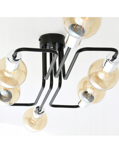 Plafon Industrialny VEKEN 6A 15W z Metalowymi Ramionami i Srebrnymi Akcentami, 6 Punktów Świetlnych, Czarny