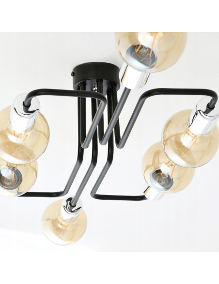 Plafon Industrialny VEKEN 6A 15W z Metalowymi Ramionami i Srebrnymi Akcentami, 6 Punktów Świetlnych, Czarny