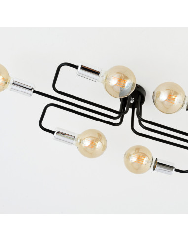 Plafon Industrialny VEKEN 6A 15W z Metalowymi Ramionami i Srebrnymi Akcentami, 6 Punktów Świetlnych, Czarny