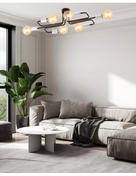 Plafon Industrialny VEKEN 6A 15W z Metalowymi Ramionami i Srebrnymi Akcentami, 6 Punktów Świetlnych, Czarny