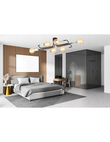 Plafon Industrialny VEKEN 6A 15W z Metalowymi Ramionami i Srebrnymi Akcentami, 6 Punktów Świetlnych, Czarny