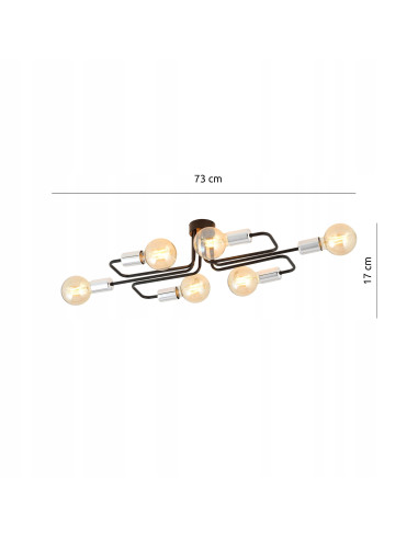 Plafon Industrialny VEKEN 6A 15W z Metalowymi Ramionami i Srebrnymi Akcentami, 6 Punktów Świetlnych, Czarny