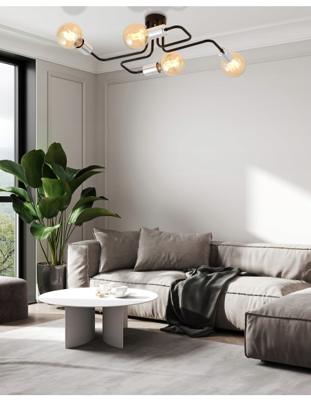 Lampa sufitowa VEKEN 4-punktowa w stylu industrialnym - czarno-srebrna, nowoczesne oświetlenie do każdego wnętrza