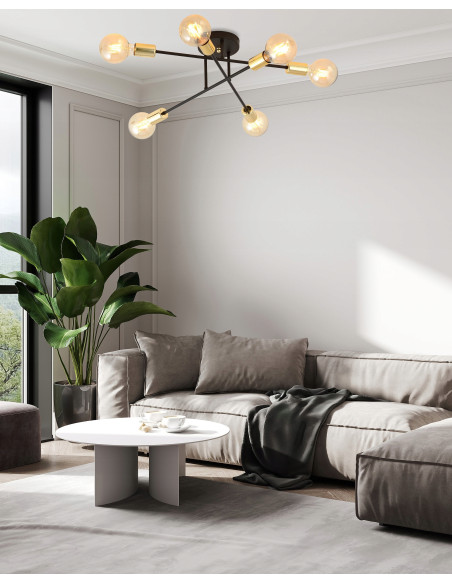 Lampa sufitowa VEKEN 6B w stylu industrialnym - czarno-złota, 6 punktów świetlnych, idealna do nowoczesnych wnętrz.