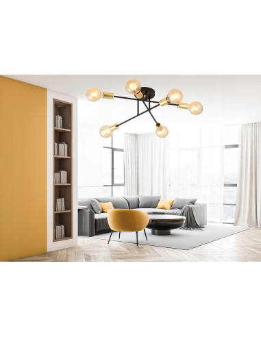 Lampa sufitowa VEKEN 6B w stylu industrialnym - czarno-złota, 6 punktów świetlnych, idealna do nowoczesnych wnętrz.
