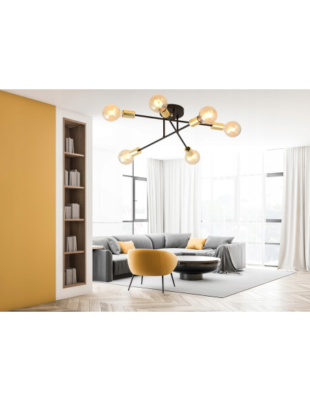 Lampa sufitowa VEKEN 6B w stylu industrialnym - czarno-złota, 6 punktów świetlnych, idealna do nowoczesnych wnętrz.