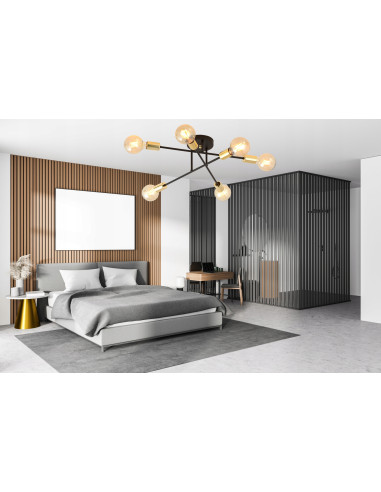 Lampa sufitowa VEKEN 6B w stylu industrialnym - czarno-złota, 6 punktów świetlnych, idealna do nowoczesnych wnętrz.