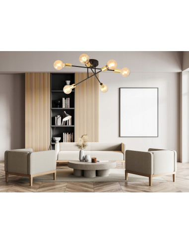 Lampa sufitowa VEKEN 6B w stylu industrialnym - czarno-złota, 6 punktów świetlnych, idealna do nowoczesnych wnętrz.