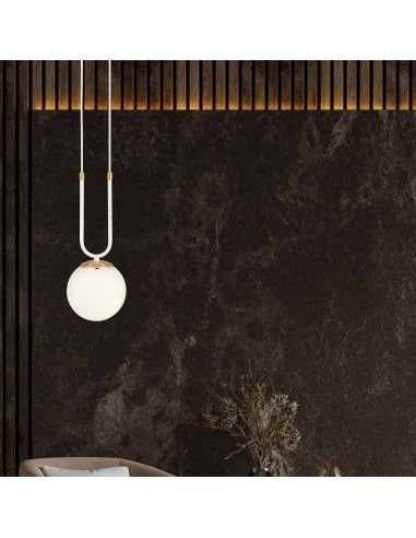 Lampa wisząca GLAM II, szklany klosz, biało-złota, nowoczesny design do salonu i innych wnętrz, wys. 115 cm, E14, 10W