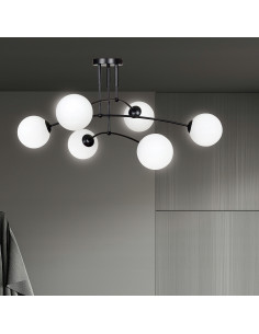 Lampa sufitowa PREGOS E14 z szklanym kloszem, 6-punktowa, elegancka, biały/czarny - idealna do salonu i jadalni
