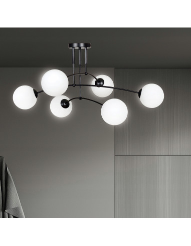 Lampa sufitowa PREGOS E14 z szklanym kloszem, 6-punktowa, elegancka, biały/czarny - idealna do salonu i jadalni