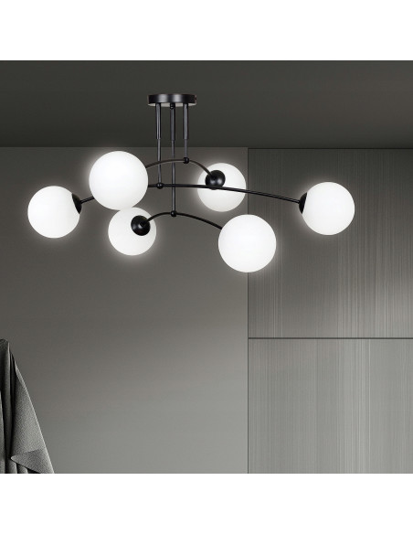 Lampa sufitowa PREGOS E14 z szklanym kloszem, 6-punktowa, elegancka, biały/czarny - idealna do salonu i jadalni