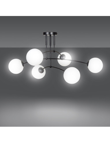 Lampa sufitowa PREGOS E14 z szklanym kloszem, 6-punktowa, elegancka, biały/czarny - idealna do salonu i jadalni