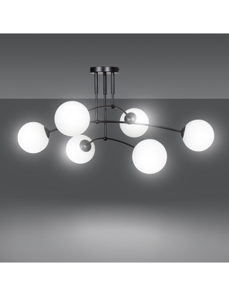 Lampa sufitowa PREGOS E14 z szklanym kloszem, 6-punktowa, elegancka, biały/czarny - idealna do salonu i jadalni